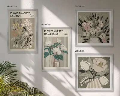 Set de tablouri decorative ilustrații florale cu Londra și Hong Kong gata de agățat
