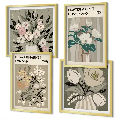 Set de tablouri decorative ilustrații florale cu Londra și Hong Kong gata de agățat