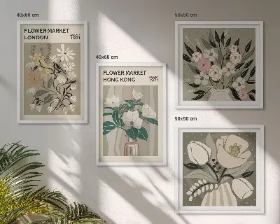 Set de tablouri decorative ilustrații florale cu Londra și Hong Kong gata de agățat