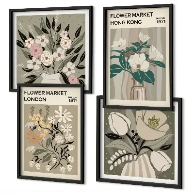 Set de tablouri decorative ilustrații florale cu Londra și Hong Kong gata de agățat