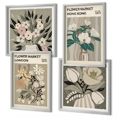 Set de tablouri decorative ilustrații florale cu Londra și Hong Kong gata de agățat