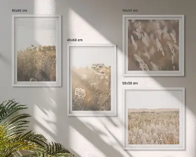 Compoziție de tablouri pentru perete peisaj cu iarbă și flori în nuanțe calde