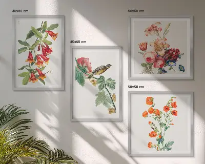Compoziție de tablouri pentru perete cu flori pictate și pasăre în stil retro