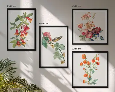 Compoziție de tablouri pentru perete cu flori pictate și pasăre în stil retro