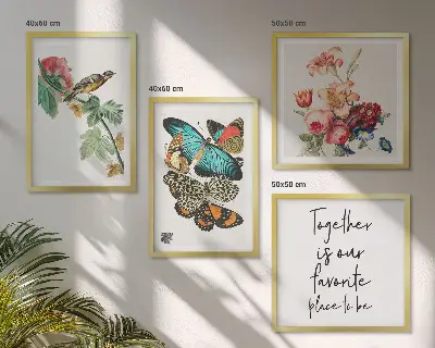 Set de tablouri gata de agățat cu model floral în nuanțe pastel de flori, fluturi și păsări