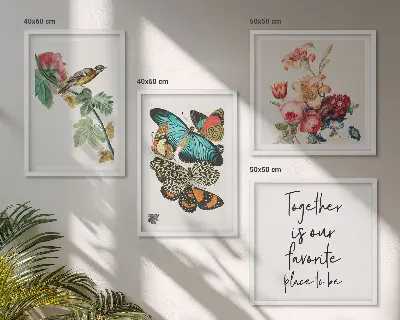 Set de tablouri gata de agățat cu model floral în nuanțe pastel de flori, fluturi și păsări