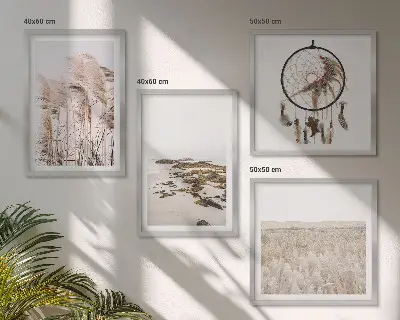 Compoziție de tablouri pentru perete stil boho pe plajă cu câmpuri de iarbă