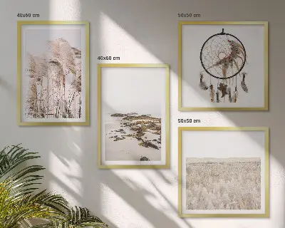 Compoziție de tablouri pentru perete stil boho pe plajă cu câmpuri de iarbă
