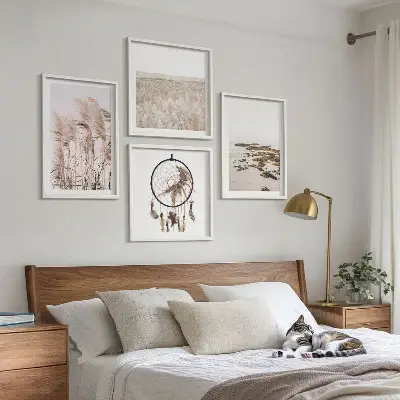 Compoziție de tablouri pentru perete stil boho pe plajă cu câmpuri de iarbă
