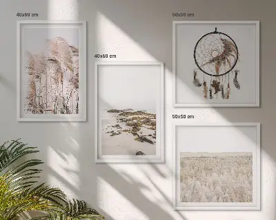 Compoziție de tablouri pentru perete stil boho pe plajă cu câmpuri de iarbă