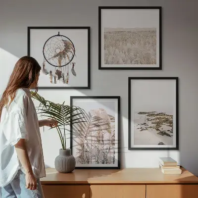 Compoziție de tablouri pentru perete stil boho pe plajă cu câmpuri de iarbă