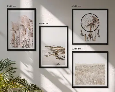 Compoziție de tablouri pentru perete stil boho pe plajă cu câmpuri de iarbă