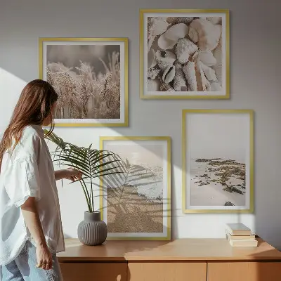 Set de tablouri gata de agățat cu model boho reprezentând iarbă de plajă, valuri și pietre