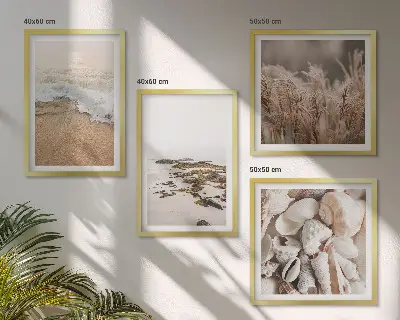 Set de tablouri gata de agățat cu model boho reprezentând iarbă de plajă, valuri și pietre