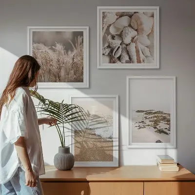Set de tablouri gata de agățat cu model boho reprezentând iarbă de plajă, valuri și pietre