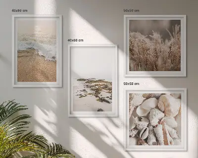 Set de tablouri gata de agățat cu model boho reprezentând iarbă de plajă, valuri și pietre