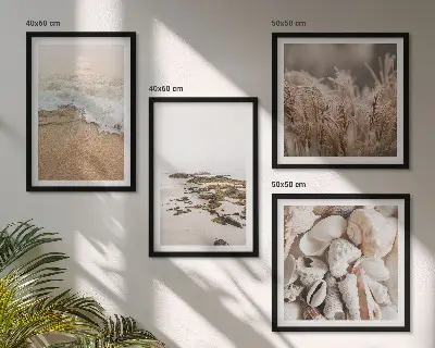 Set de tablouri gata de agățat cu model boho reprezentând iarbă de plajă, valuri și pietre