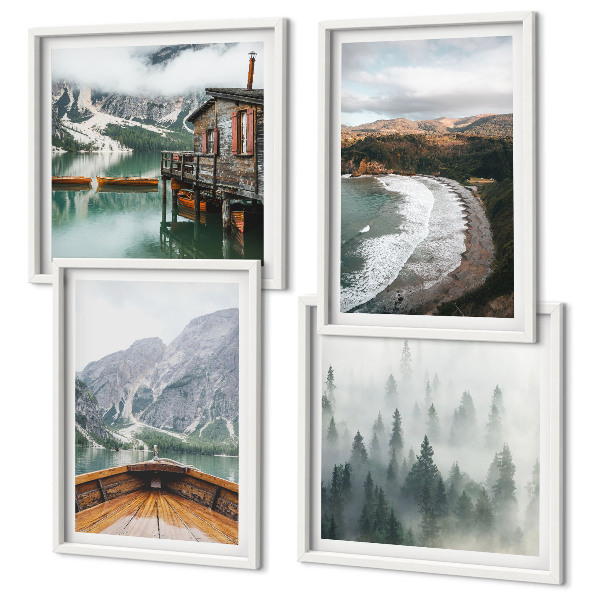 Set tablouri gata de agățat Munți, lac, barcă, ceață, plajă