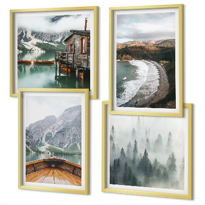 Set tablouri gata de agățat Munți, lac, barcă, ceață, plajă