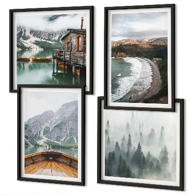 Set tablouri gata de agățat Munți, lac, barcă, ceață, plajă