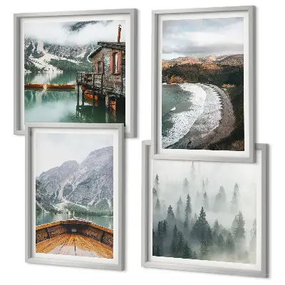 Set de tablouri gata de agățat cu peisaj de munți lac barcă ceață și plajă