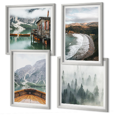 Set tablouri gata de agățat Munți, lac, barcă, ceață, plajă