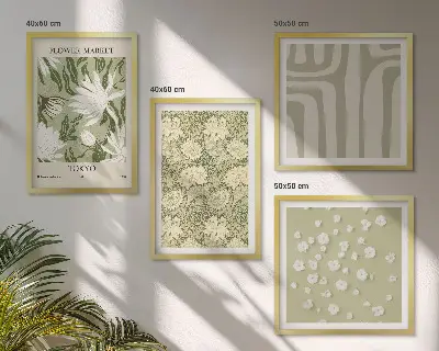 Compoziție de tablouri pentru perete cu plante în stil boho în nuanțe pastelate