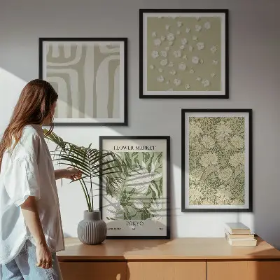 Compoziție de tablouri pentru perete cu plante în stil boho în nuanțe pastelate