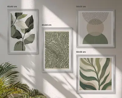 Compoziție de tablouri pentru perete cu forme geometrice și frunze abstracte