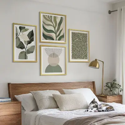 Compoziție de tablouri pentru perete cu forme geometrice și frunze abstracte