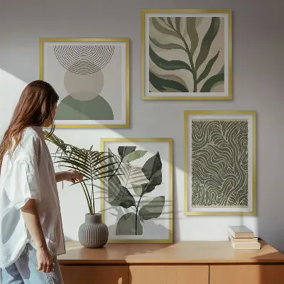 Compoziție de tablouri pentru perete cu forme geometrice și frunze abstracte