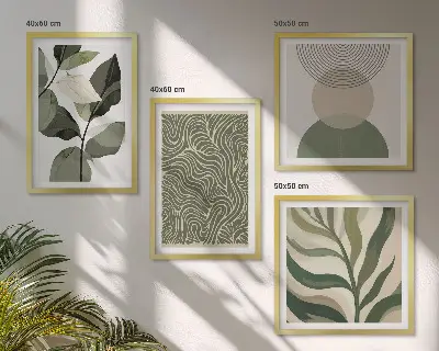 Compoziție de tablouri pentru perete cu forme geometrice și frunze abstracte