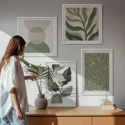 Compoziție de tablouri pentru perete cu forme geometrice și frunze abstracte