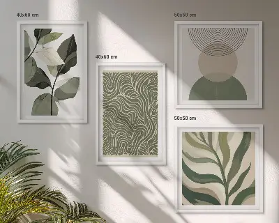 Compoziție de tablouri pentru perete cu forme geometrice și frunze abstracte