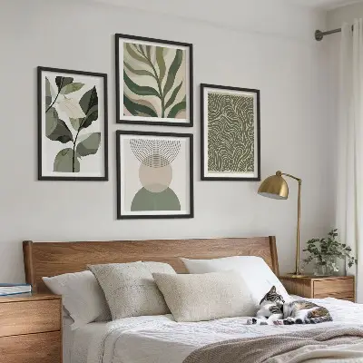 Compoziție de tablouri pentru perete cu forme geometrice și frunze abstracte