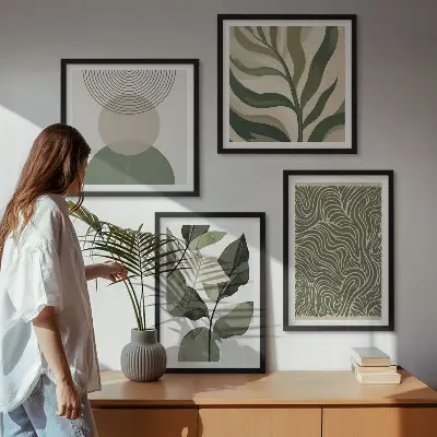 Compoziție de tablouri pentru perete cu forme geometrice și frunze abstracte