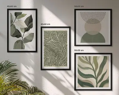 Compoziție de tablouri pentru perete cu forme geometrice și frunze abstracte