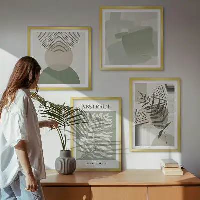 Compoziție de tablouri pentru perete cu abstracțiuni botanice în stil boho