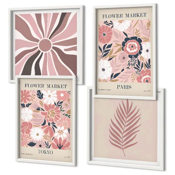Compoziție de tablouri pentru perete cu modele florale, frunze și geometrie