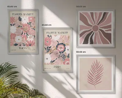 Compoziție de tablouri pentru perete cu modele florale, frunze și geometrie