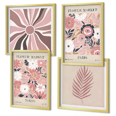 Compoziție de tablouri pentru perete cu modele florale, frunze și geometrie