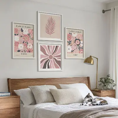 Compoziție de tablouri pentru perete cu modele florale, frunze și geometrie