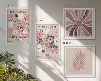 Compoziție de tablouri pentru perete cu modele florale, frunze și geometrie