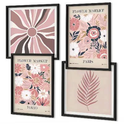 Compoziție de tablouri pentru perete cu modele florale, frunze și geometrie