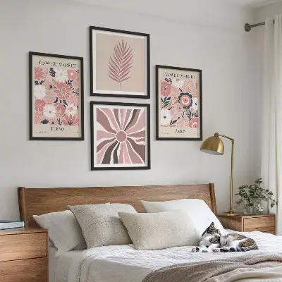 Compoziție de tablouri pentru perete cu modele florale, frunze și geometrie