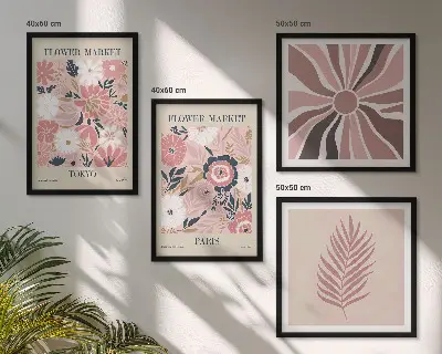 Compoziție de tablouri pentru perete cu modele florale, frunze și geometrie