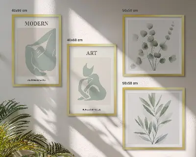 Compoziție de tablouri pentru perete cu motive vegetale în nuanțe de verde delicat