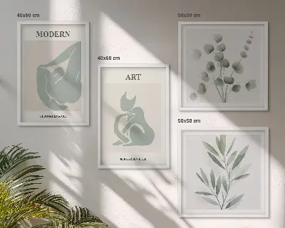Compoziție de tablouri pentru perete cu motive vegetale în nuanțe de verde delicat