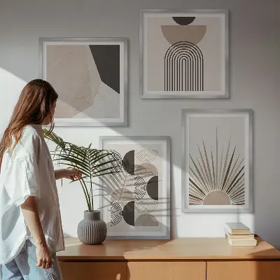Compoziție de tablouri pentru perete cu forme abstracte bej și maro