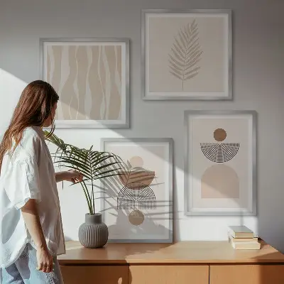Set tablouri cu forme abstracte maro și bej gata de agățat
